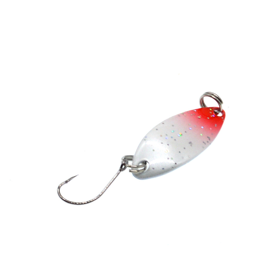 White and red speckled metal trout spoon lure with single hook