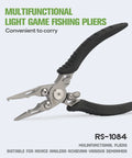 Stainless steel light fishing pliers with black ergonomic handles and serrated jaws