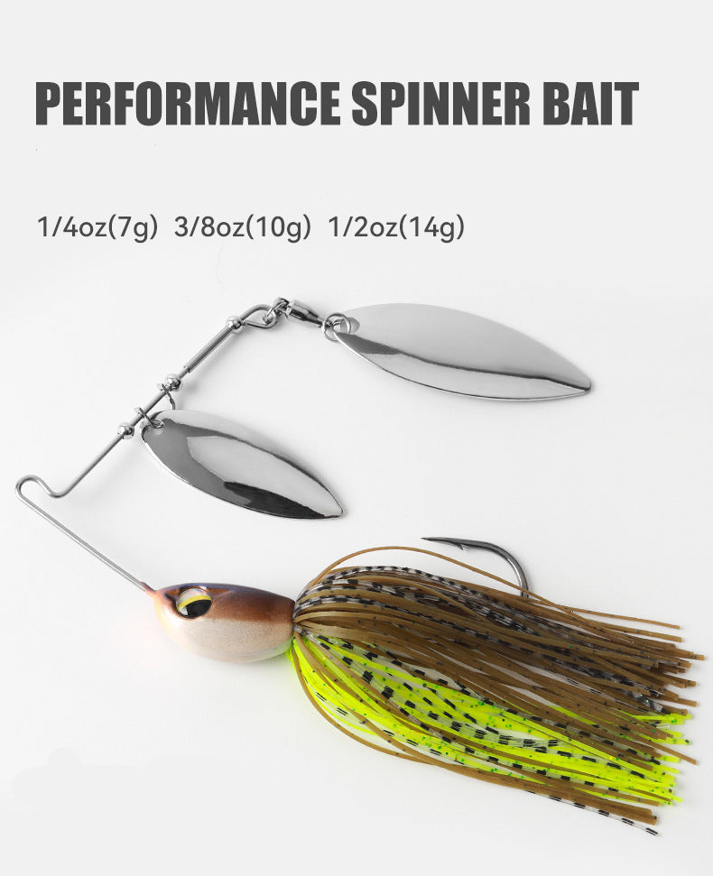 High-speed spinnerbait lure with chrome blades and green-yellow soft skirt, dual hooks