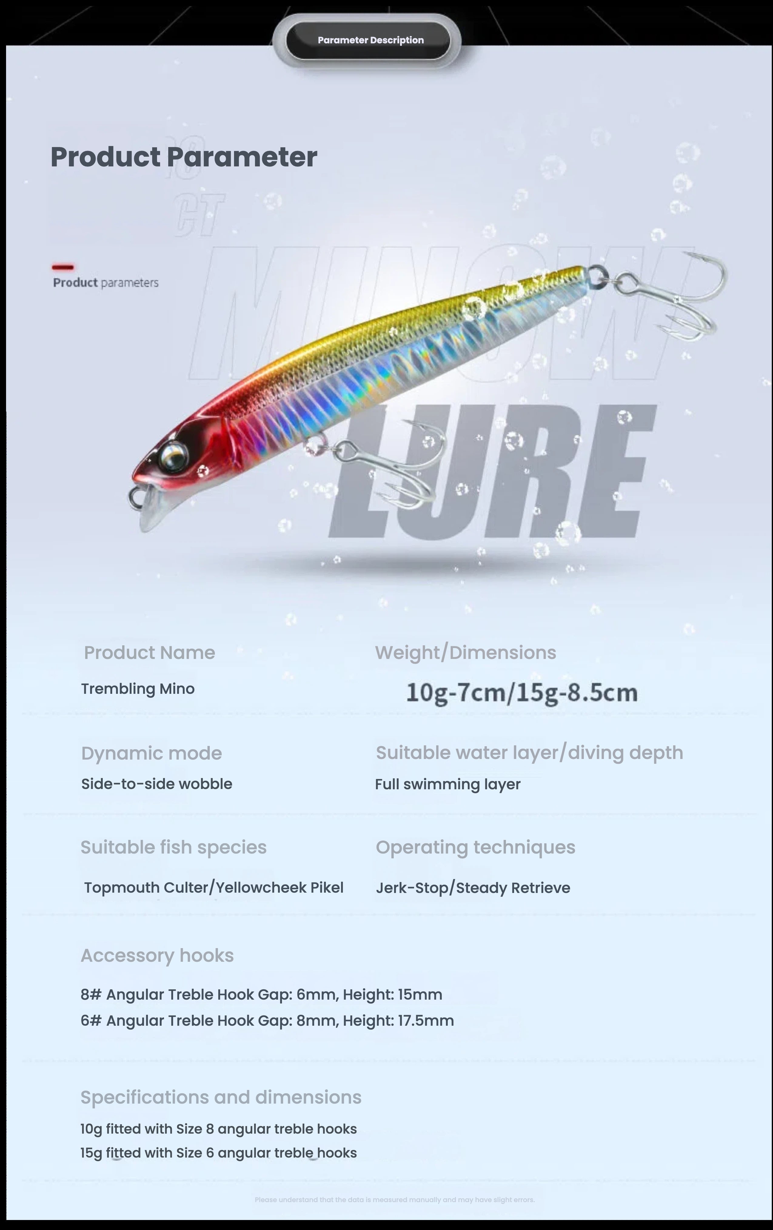 Triangular-body sinking minnow lure, red belly and yellow-green holographic top