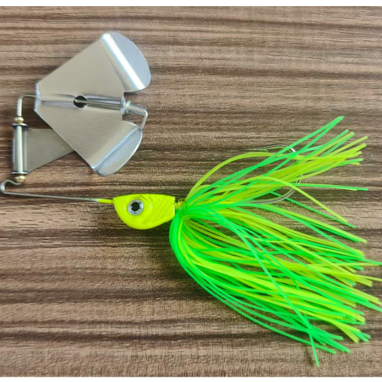 Skirted bladed jig lure with bright green skirt, chartreuse head, and silver blade
