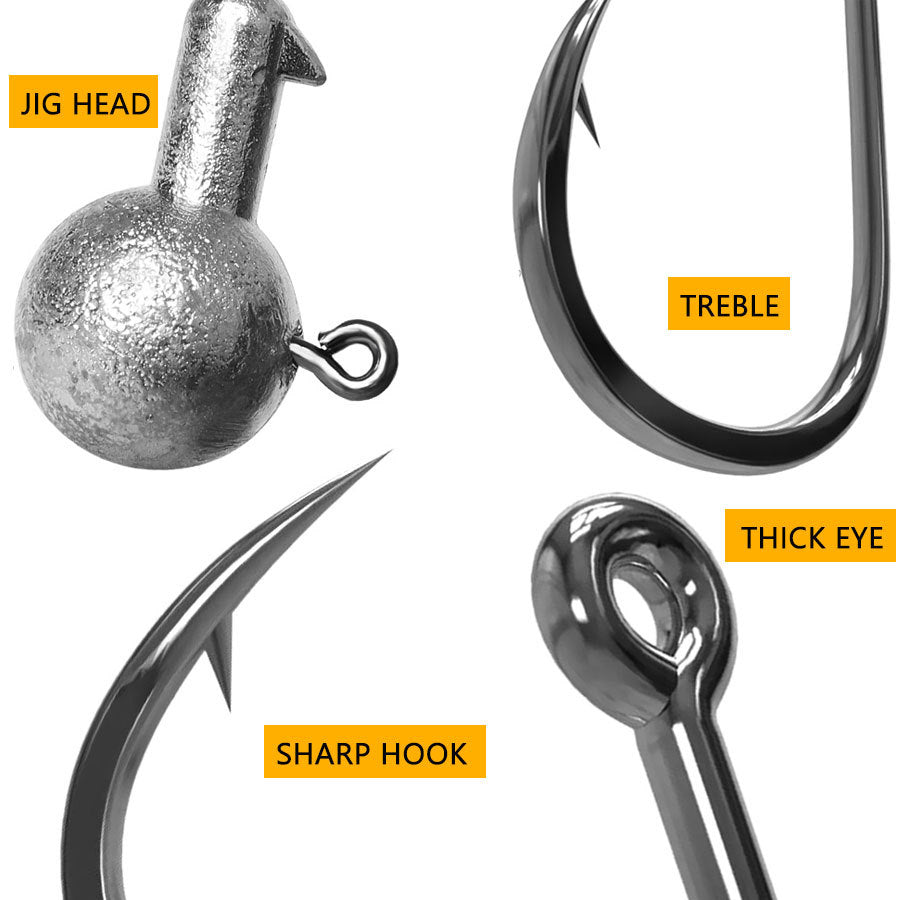 Jig head hook details: sharp point, thick eye, treble-style hook, silver lead finish