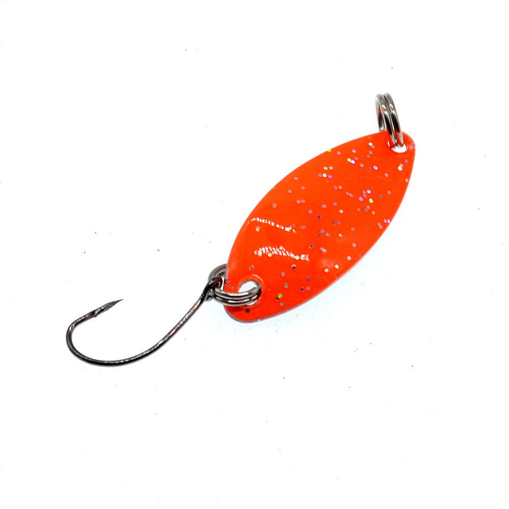 Orange/red metal trout spoon lure with single hook