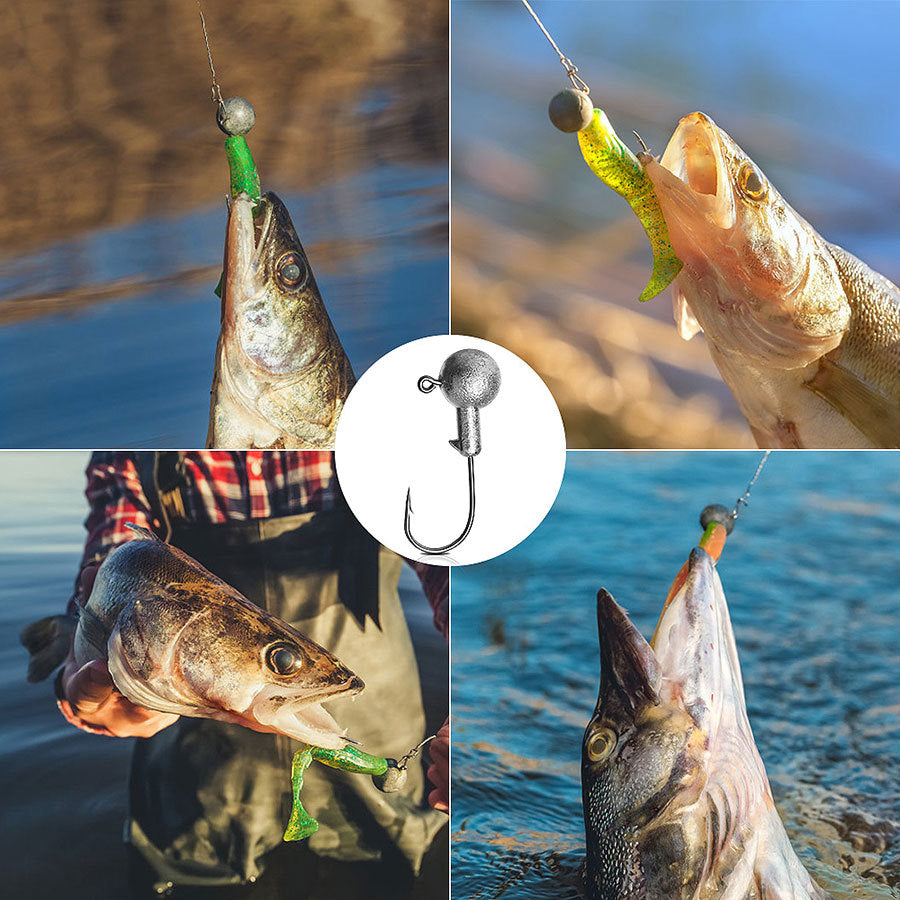 Weedless jig head hook with round lead ball attached to fishing line