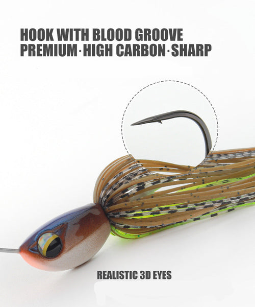 Spinnerbait with realistic 3D eye jig head and detailed hook, brown-and-green skirt