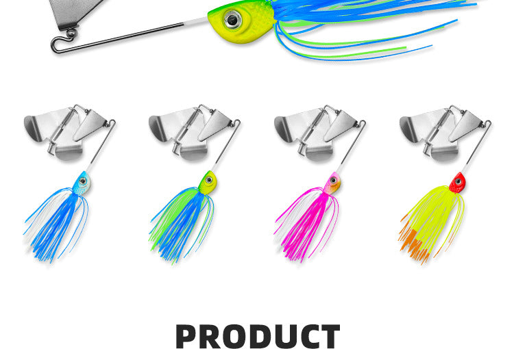 Set of skirted bladed jig lures with silver blades and multicolor spinner skirts