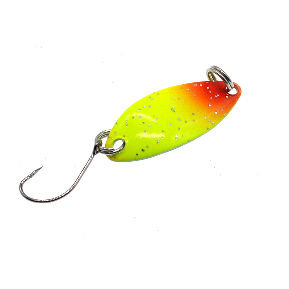 Lime green and red speckled metal trout spoon lure with single hook