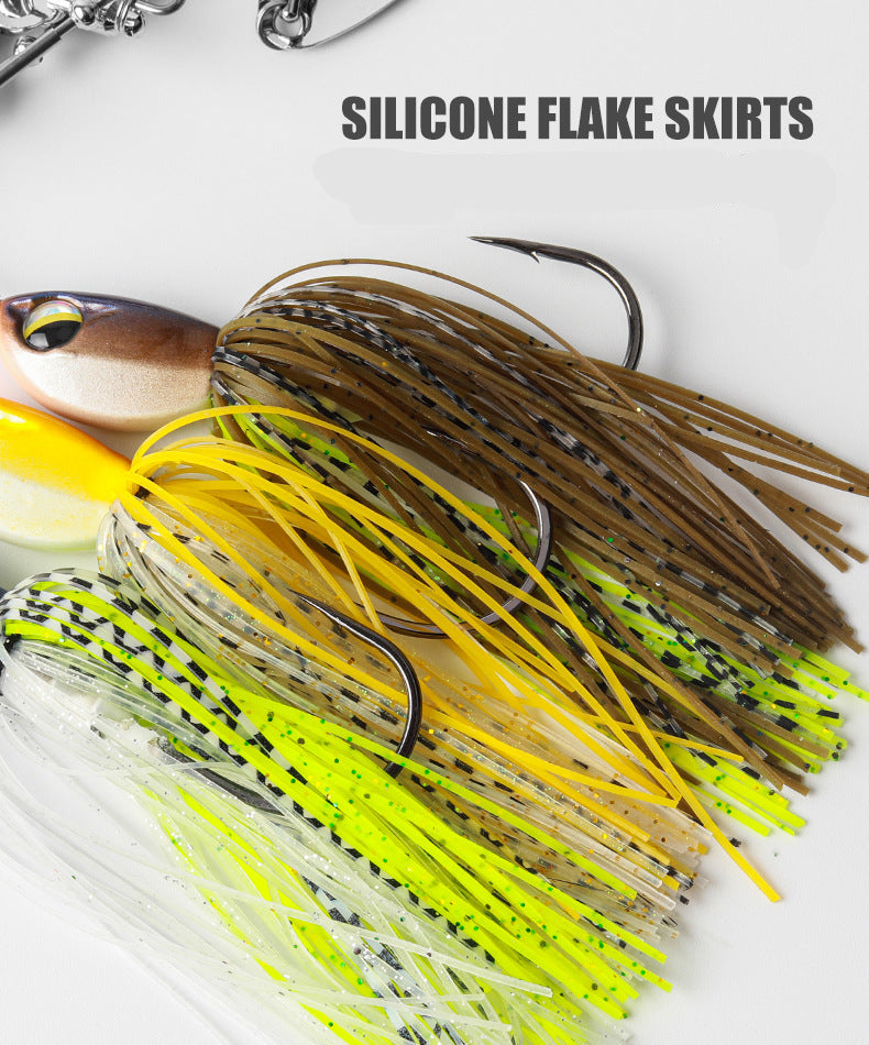 Spinnerbait close-up with silicone flake skirt in yellow, lime green, and white strands
