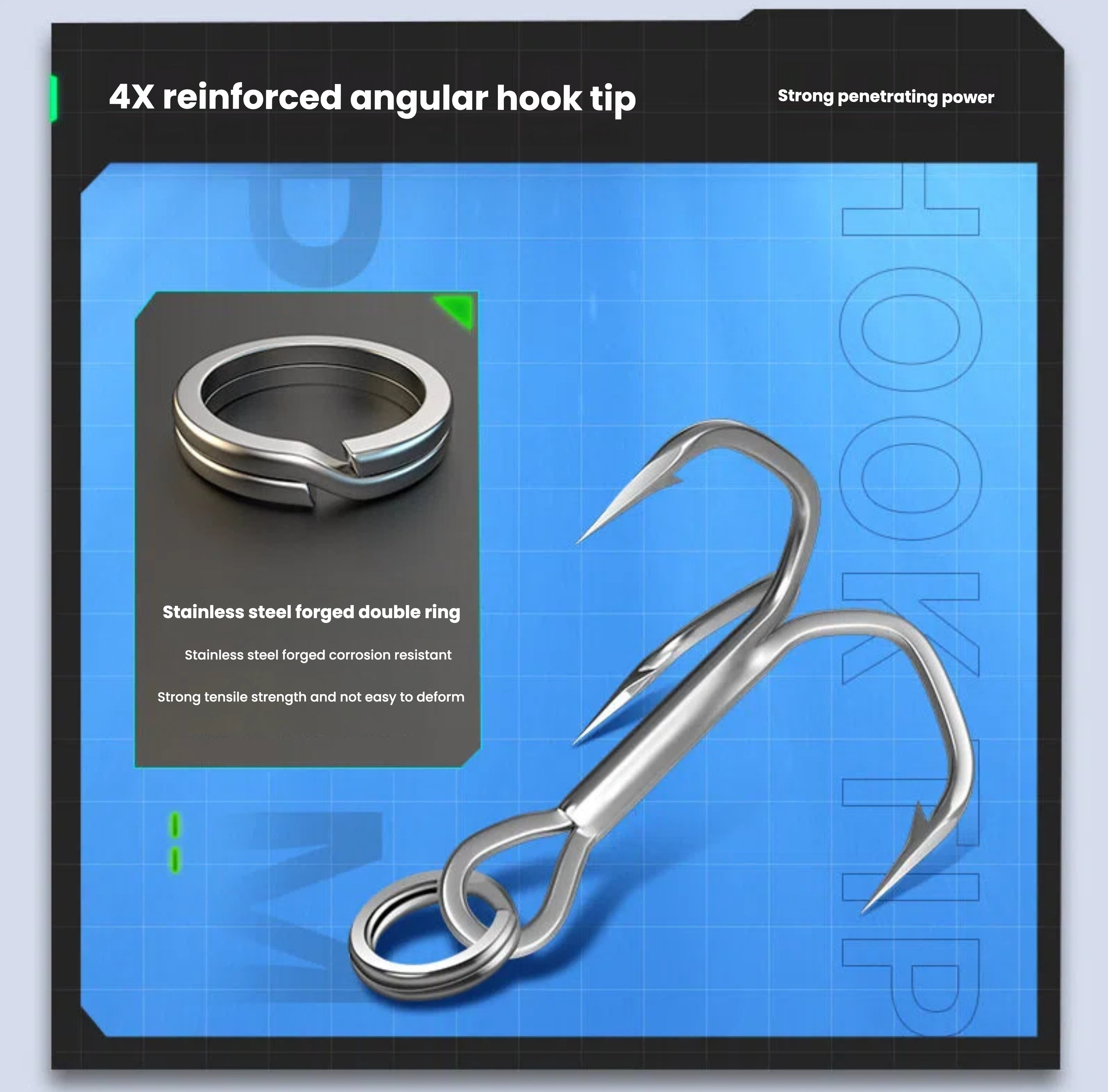 Reinforced treble fishing hook with two hooks and double-ring attachment detail