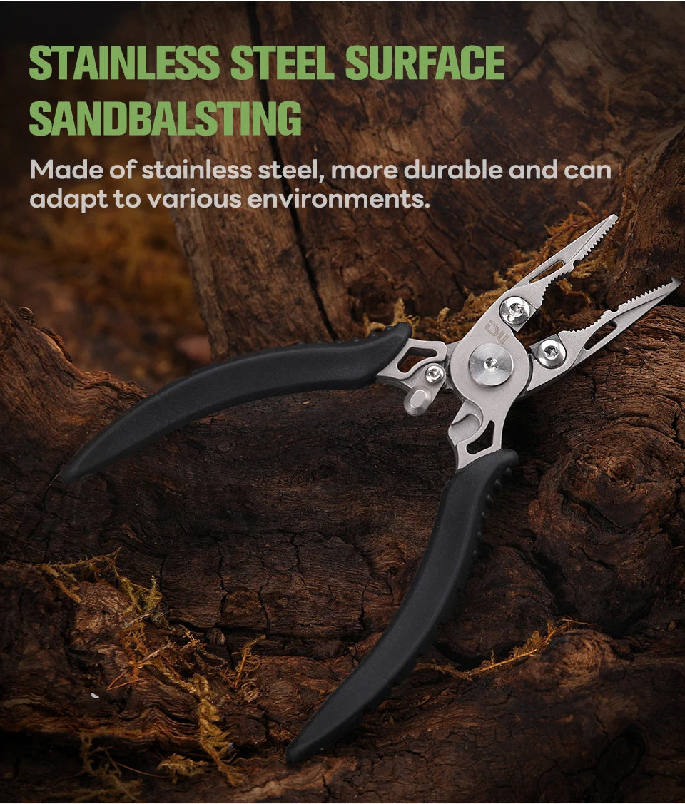 Sandblasted stainless steel fishing pliers with black handle grips