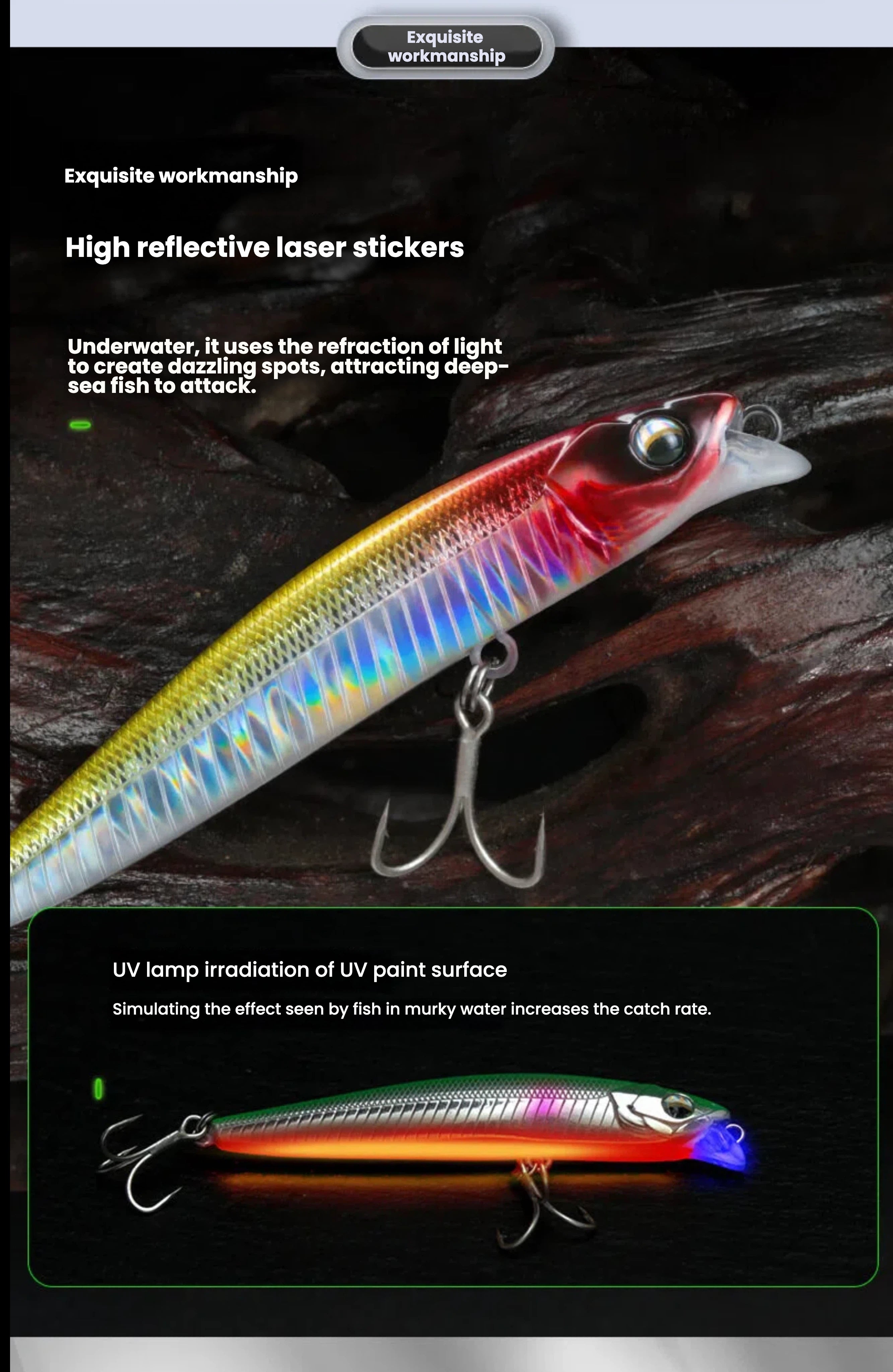 Fishing lure with red and yellow scales, treble hooks, and reflective UV finish