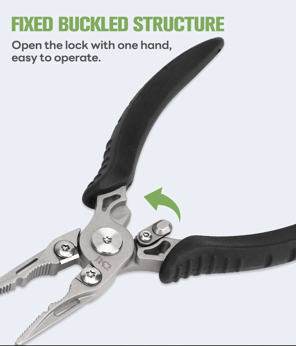 Black TPR handled stainless steel fishing pliers with curved jaws