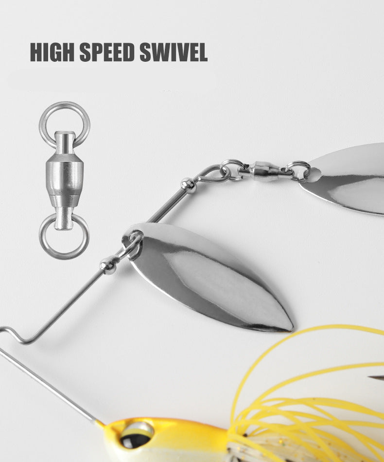 High-speed spinnerbait with chrome blades and yellow head, visible swivel and wire frame