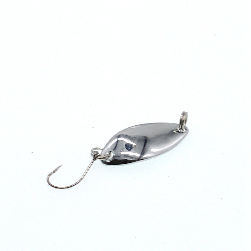 Silver two-tone metal trout spoon lure with single hook and split ring