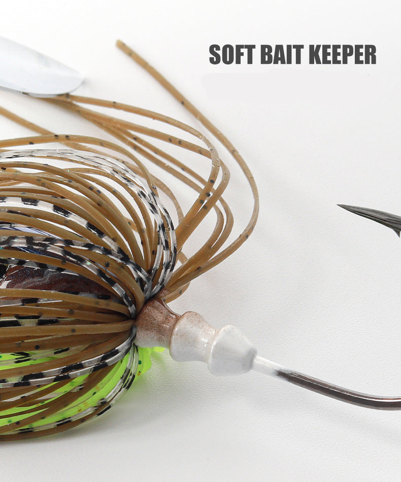 Spinnerbait head with green-accented blades skirt and curved sharp hook