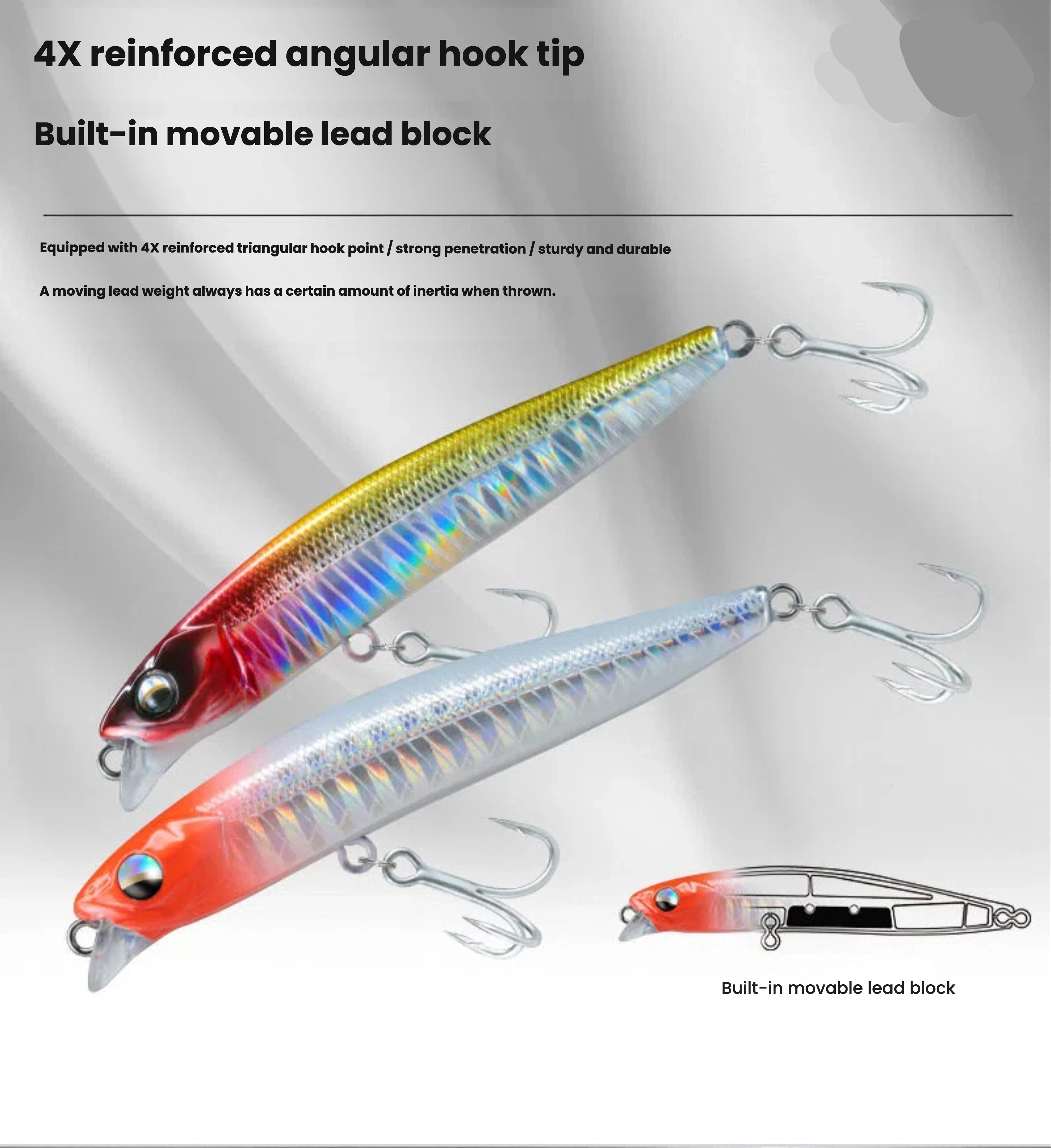 Fishing lure pair with moving lead block, yellow and silver bodies, and treble hooks