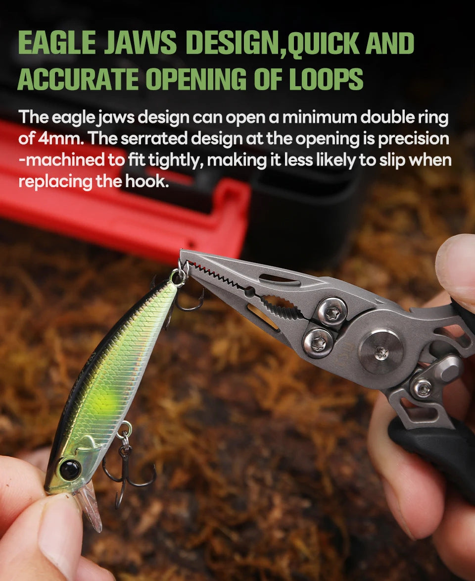 Fishing pliers gripping a metal lure with serrated jaws and black handle