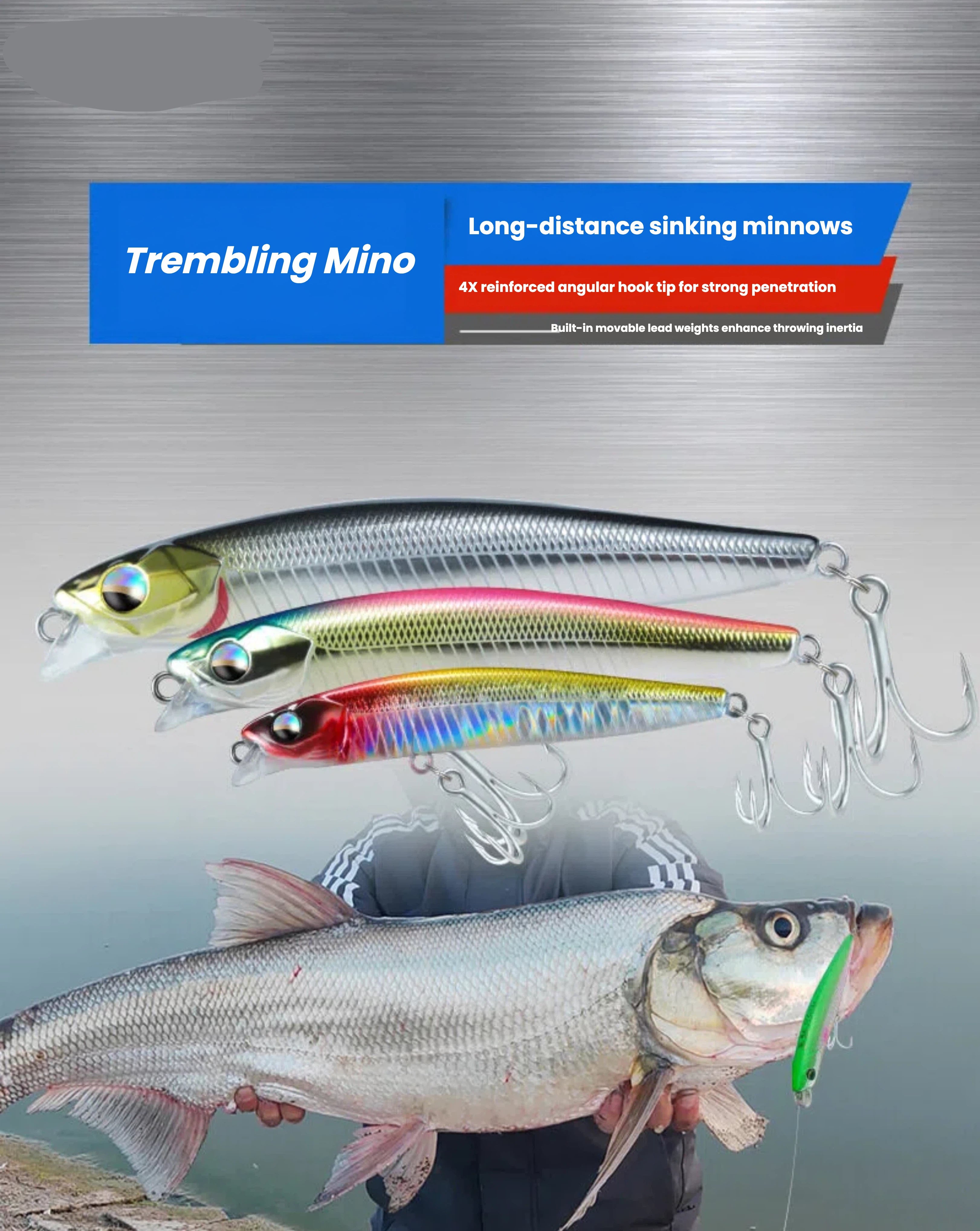 Fishing lure with rainbow green, red, and blue stripes plus treble hooks near a fish