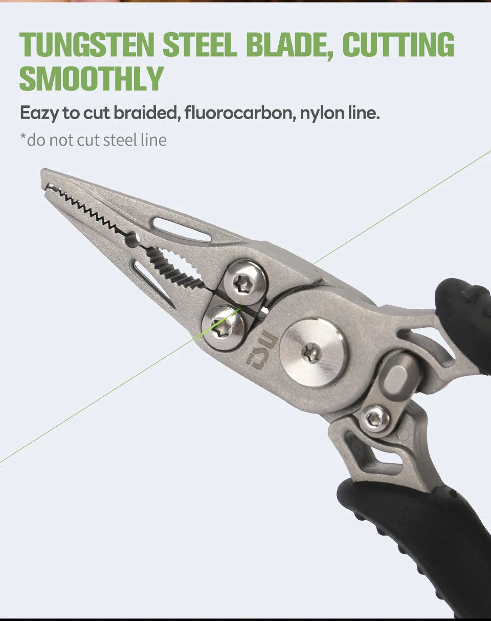 Metal fishing pliers with textured grip, serrated jaws, and cutting blade