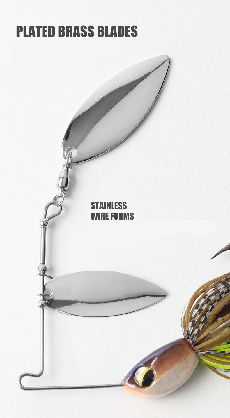Spinnerbait with platted brass-style blades and stainless wire frame, dark head and eye