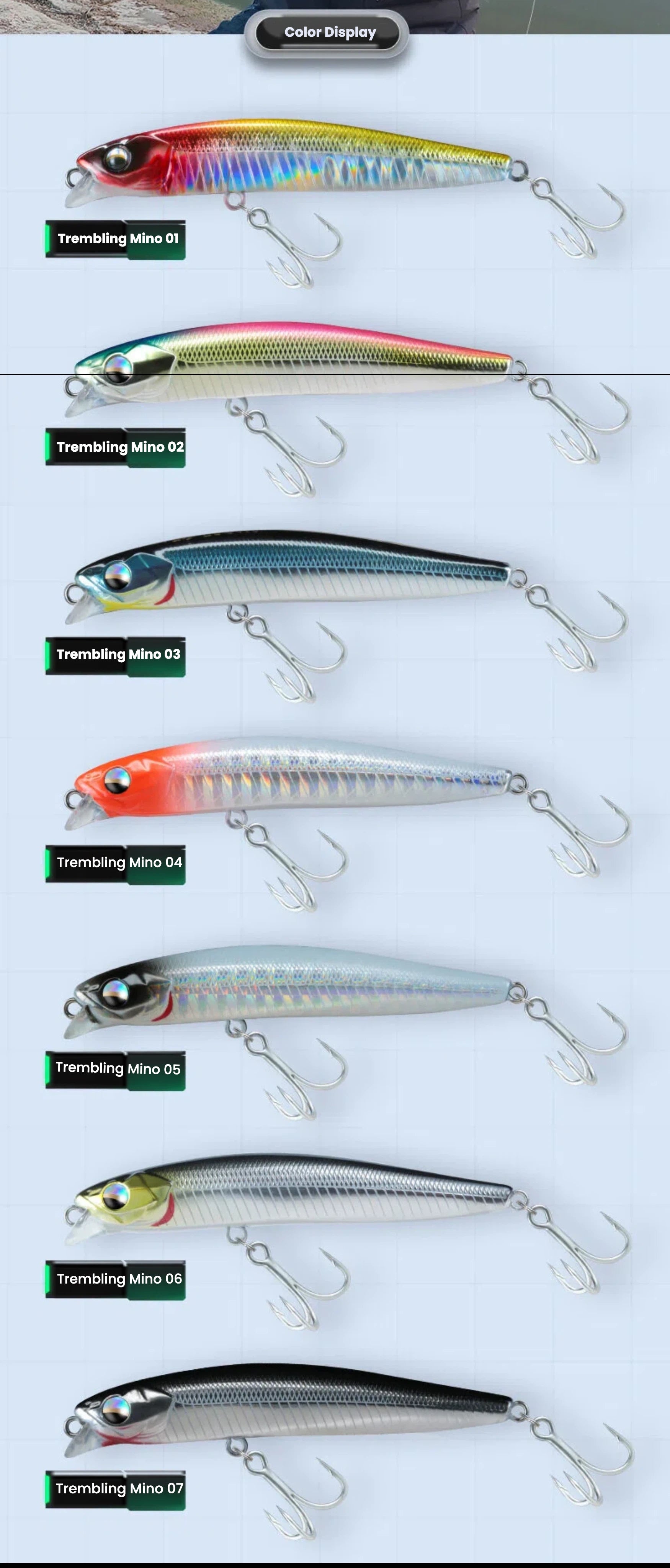 Row of fishing lures in different colors with treble hooks and small size labels