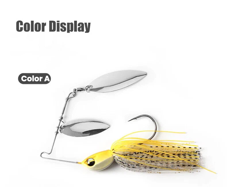 Color A spinnerbait set: chrome blades, yellow head, and black-speckled light skirt