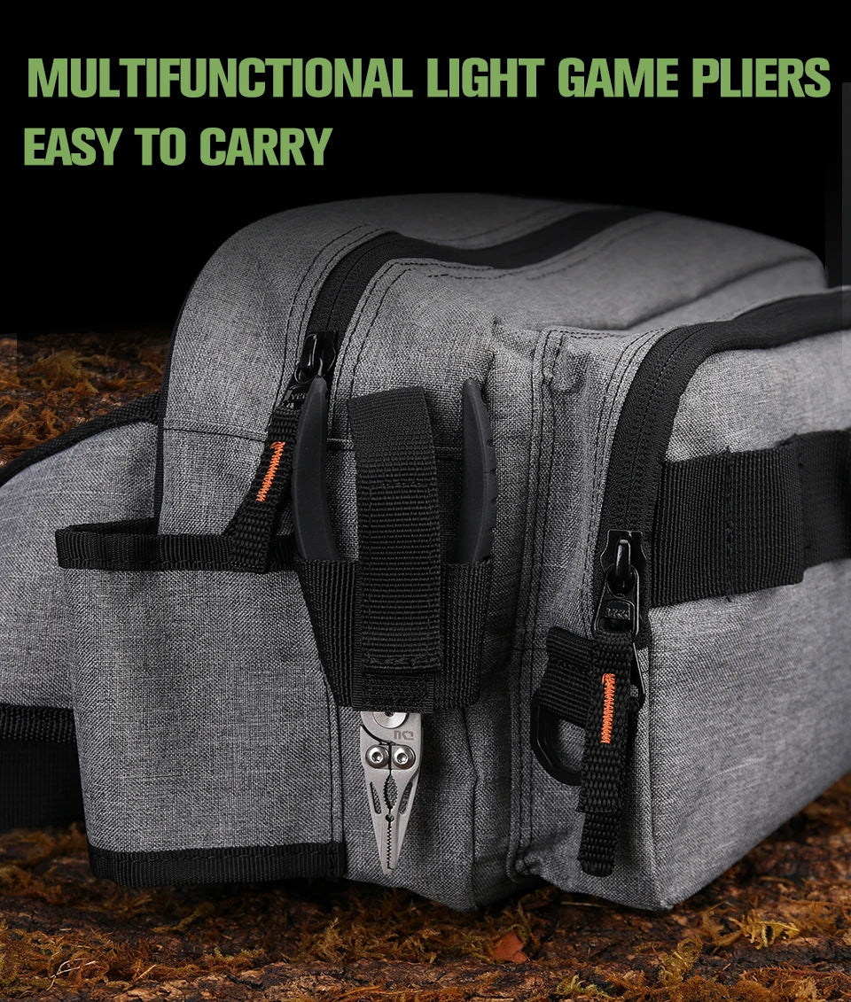 Fishing pliers clipped in gray fabric carrying case with black strap