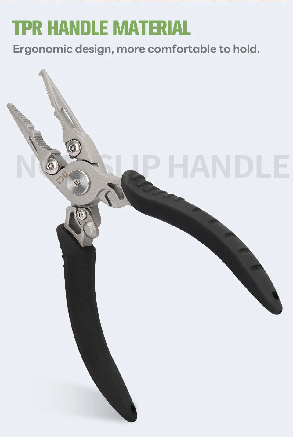 Black TPR grip fishing pliers with serrated jaws and wire cutter notch