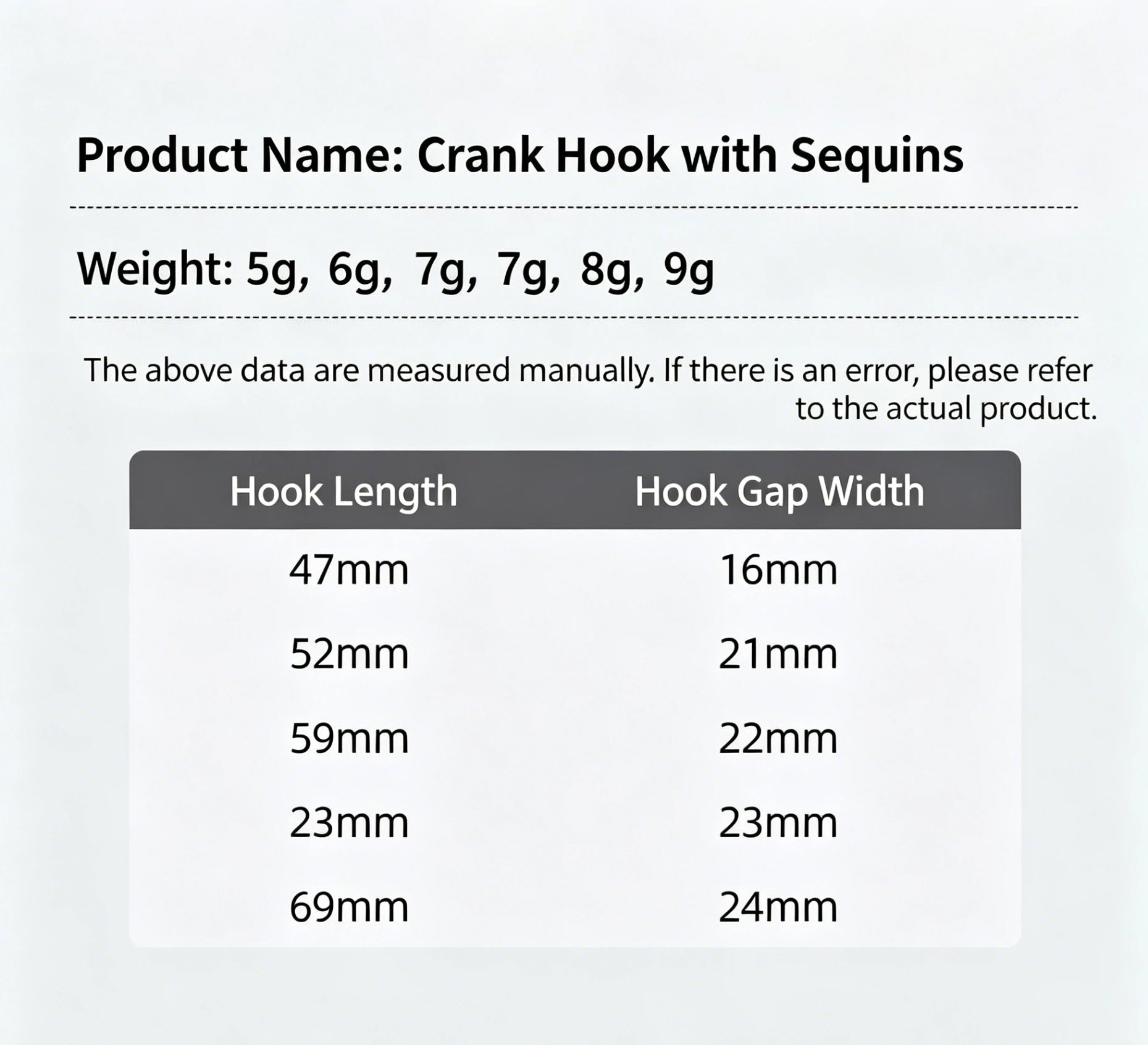 Crank hook lure size chart showing hook lengths and hook gap widths (47–69mm, 16–24mm)