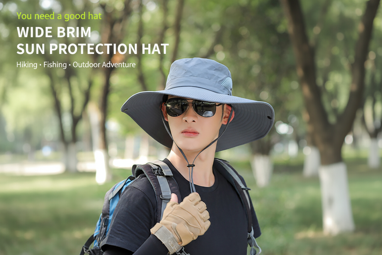 Wide-brim boonie sun hat in light blue with chin cord and mesh vent panels