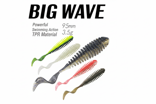TPR curl-tail soft fishing lures multipack with black-green, red, and brown-green bodies