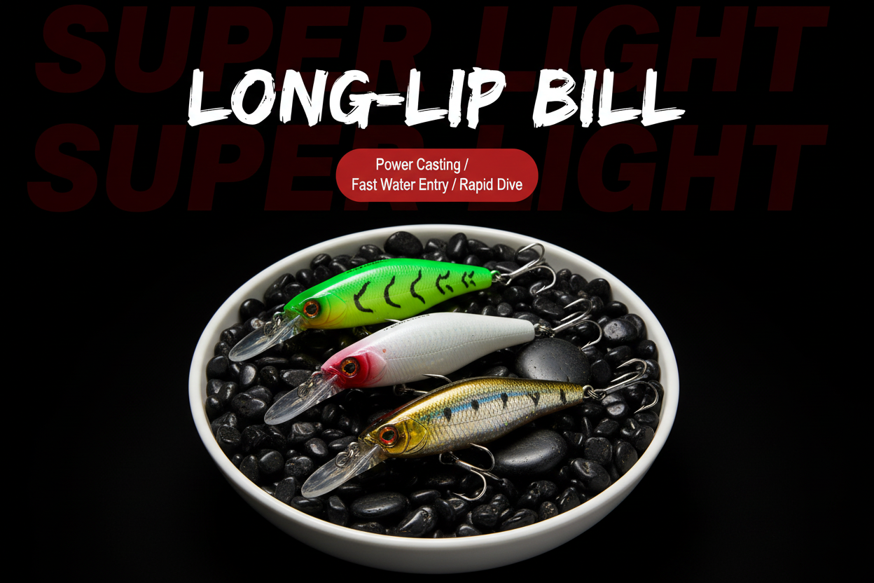 Long-lip crankbait set in a bowl with several assorted lures and treble hooks