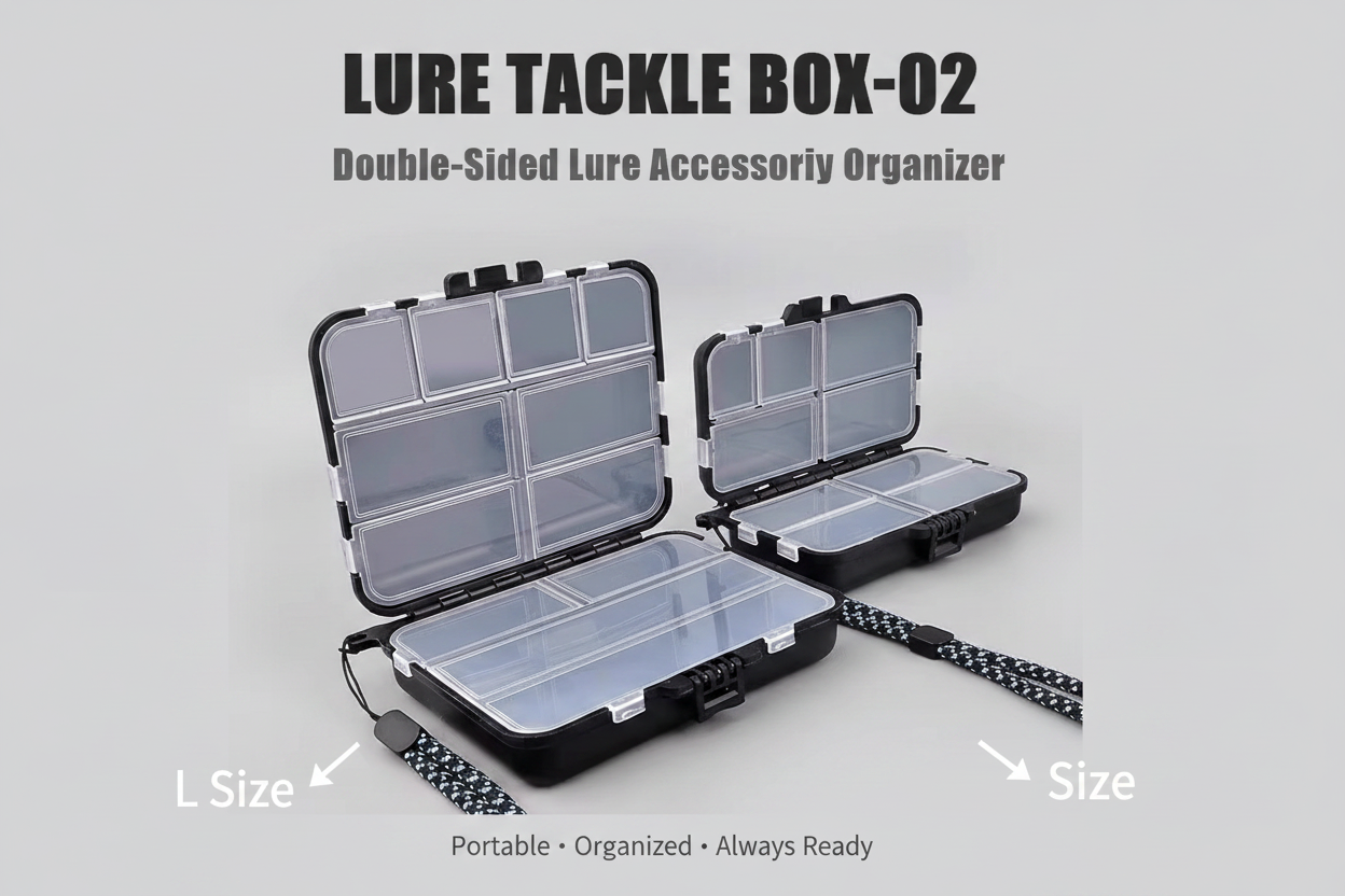 Double-sided lure tackle organizer with two open sections and four clear compartment trays