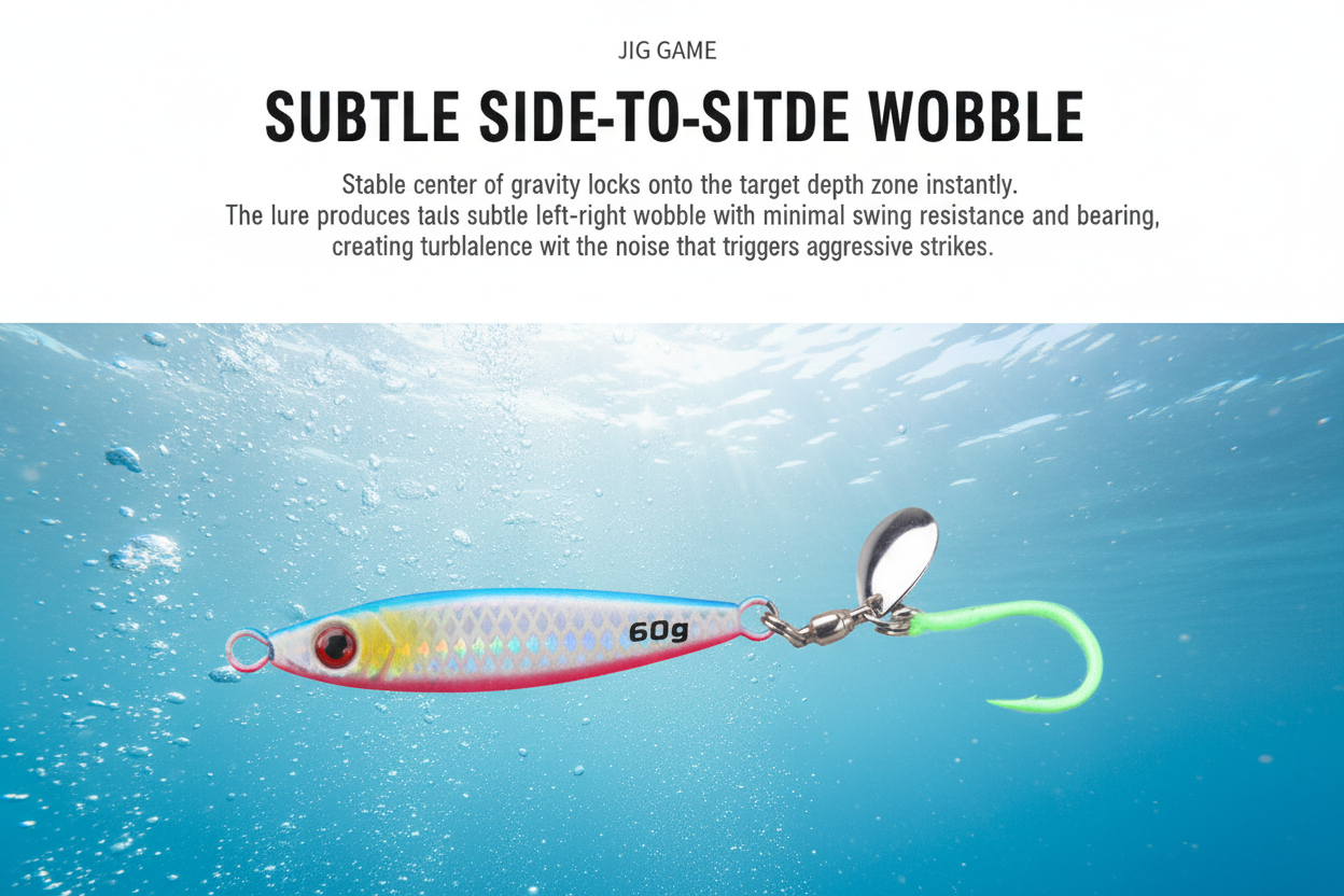 Fishing spinner jig lure with green soft tail, silver blade, and single hook.