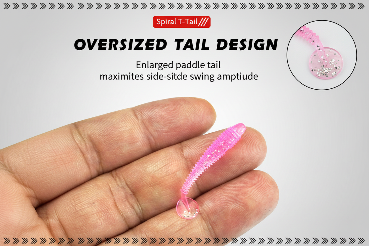 Spiral T-tail soft lure with jig head, pink mini worm held in a hand