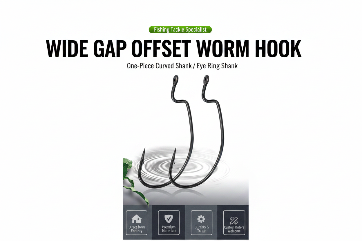 Wide gap offset worm hook pair with curved shank and eye rings