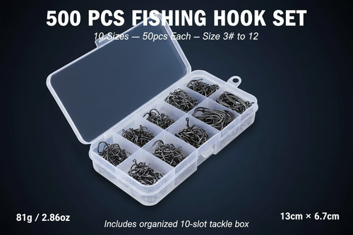 500-piece black fishing hook set in clear 10-slot tackle box