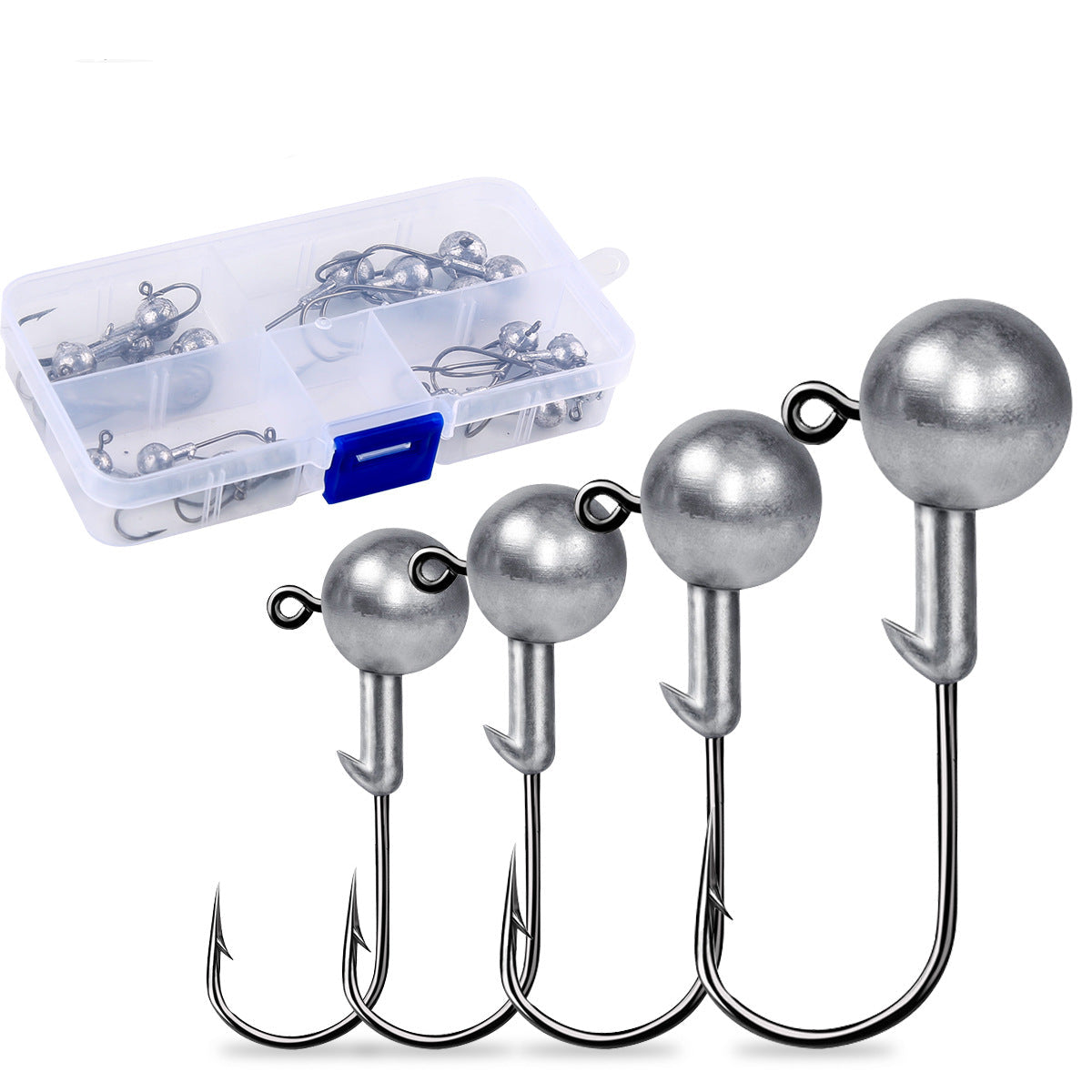 Weedless jig head hooks set with silver lead heads and barbed hooks in a plastic storage box