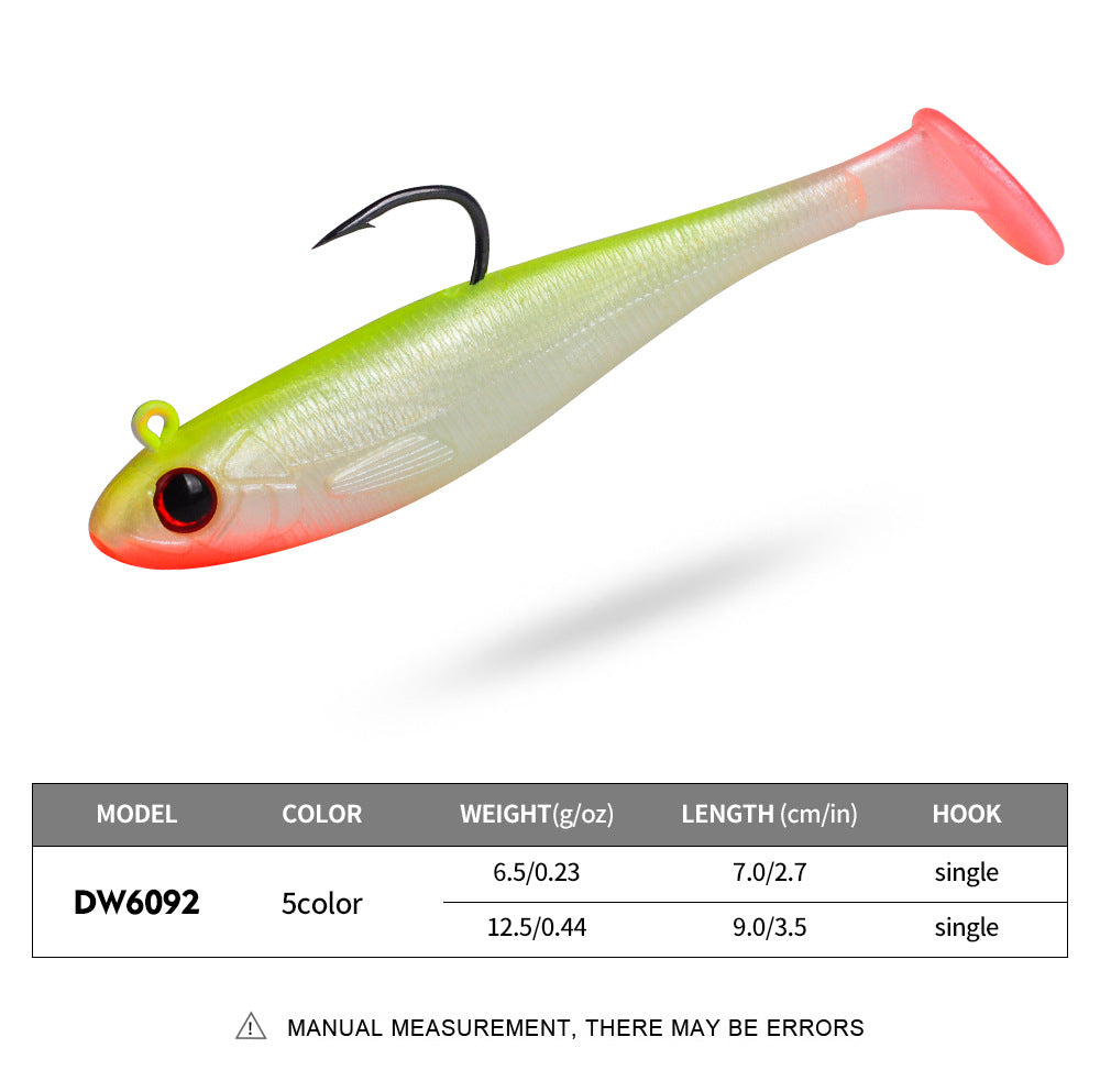 Green and orange paddle tail soft swimbait with single jig hook, red-black eyes, pink tail