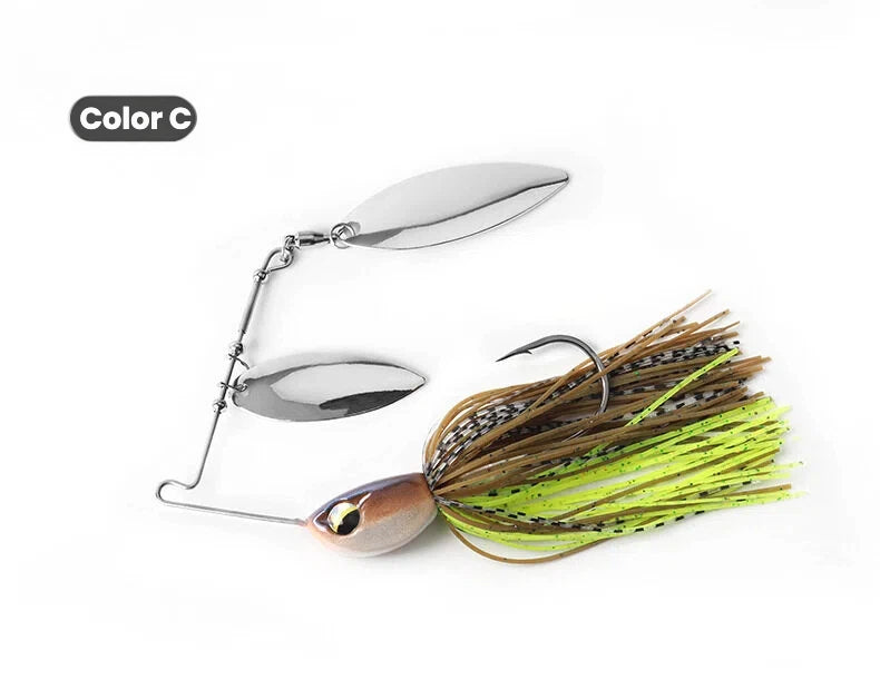 Color C spinnerbait set: chrome blades, brown head, and olive-green soft skirt