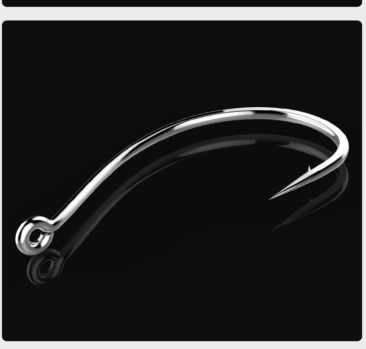 Silver wacky rig hook with round eye and barbed point, side view