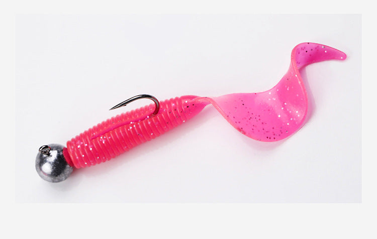 Ned rig jig head with barbed steel hook and pink soft-plastic lure