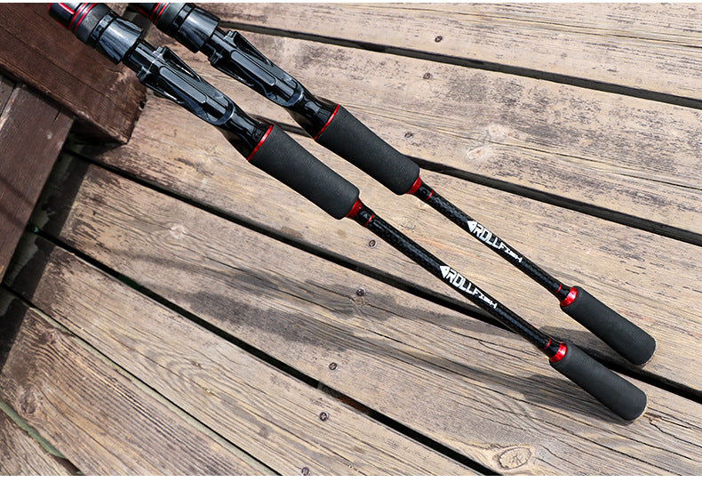 Fishing rod set of two dark rods with red accents, shown on wooden boards