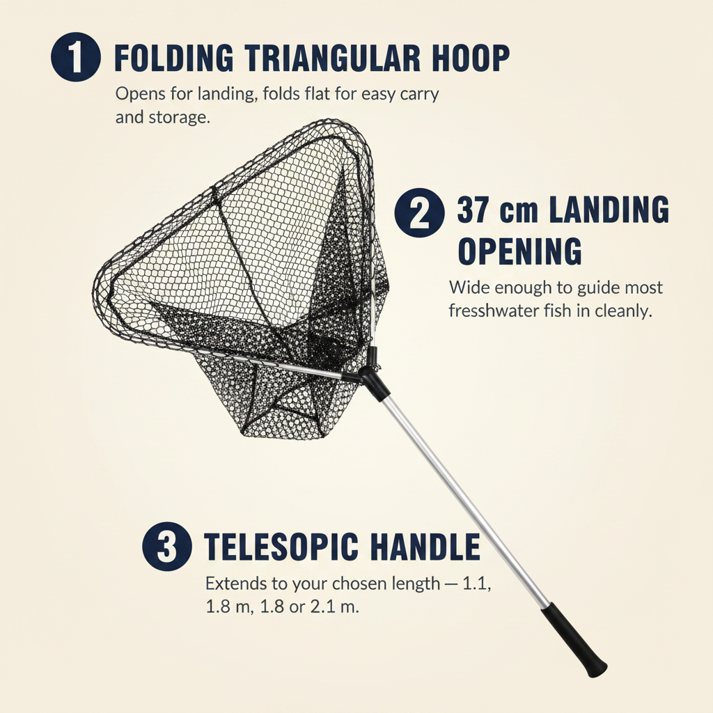 Folding triangular landing net with fine mesh and stainless telescopic handle, black grip