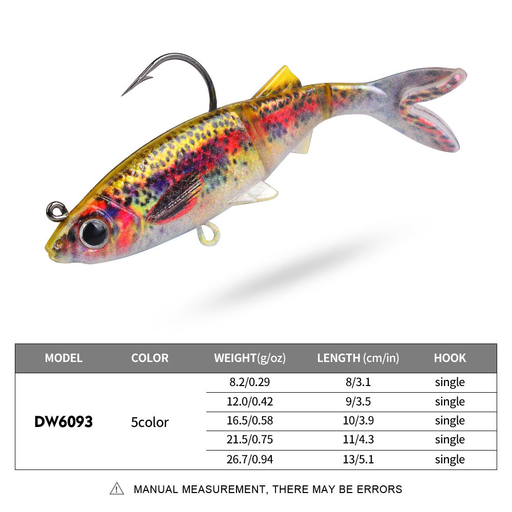 Fish-shaped soft swimbait jig lure with single hook, speckled multi-color body