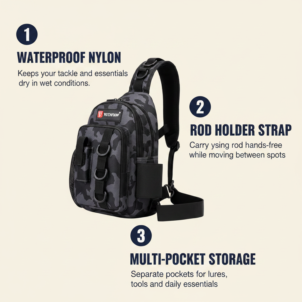 Black camo fishing sling bag with adjustable strap, rod holder, and front pouches