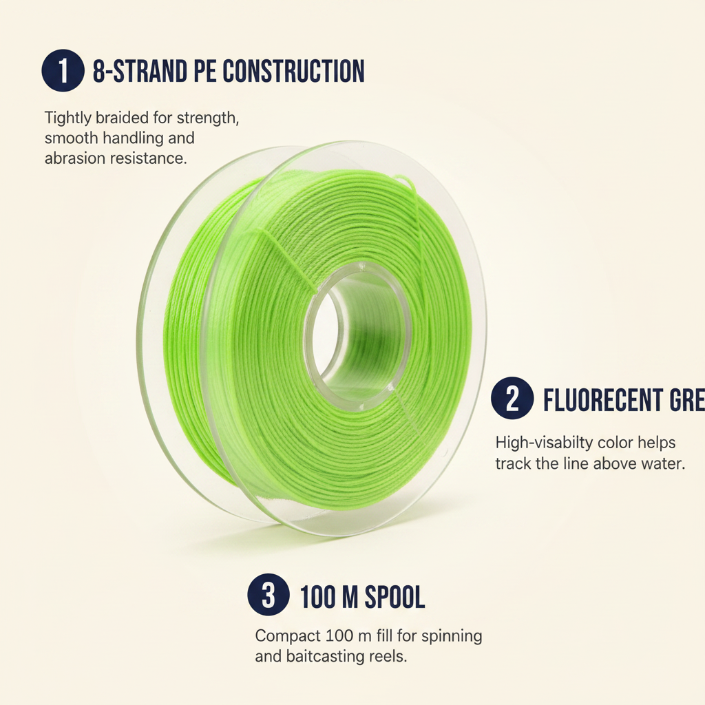 Fluorescent green 8-strand PE braided fishing line wound on a 100 m spool