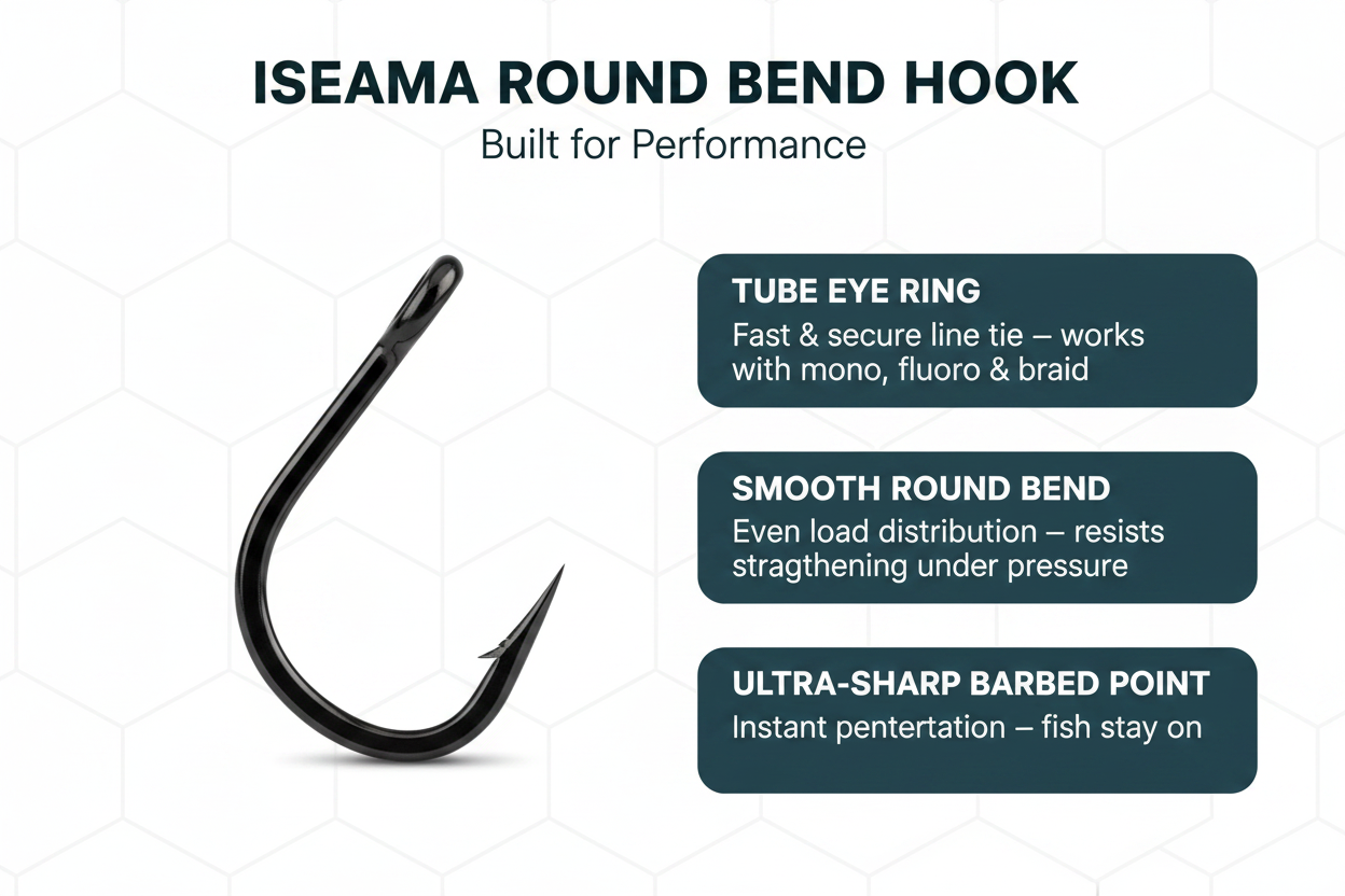 Round-bend tube-eye fishing hook illustration with sharp barbed tip