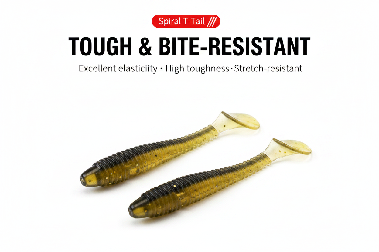 Spiral T-tail soft lure with jig head, two olive/gold worms on a white background