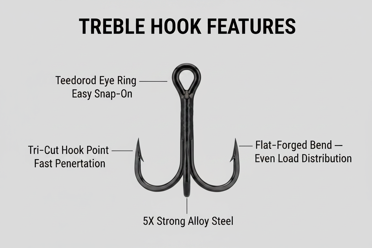 Black treble hook with tear-drop eye ring and tri-cut point tips
